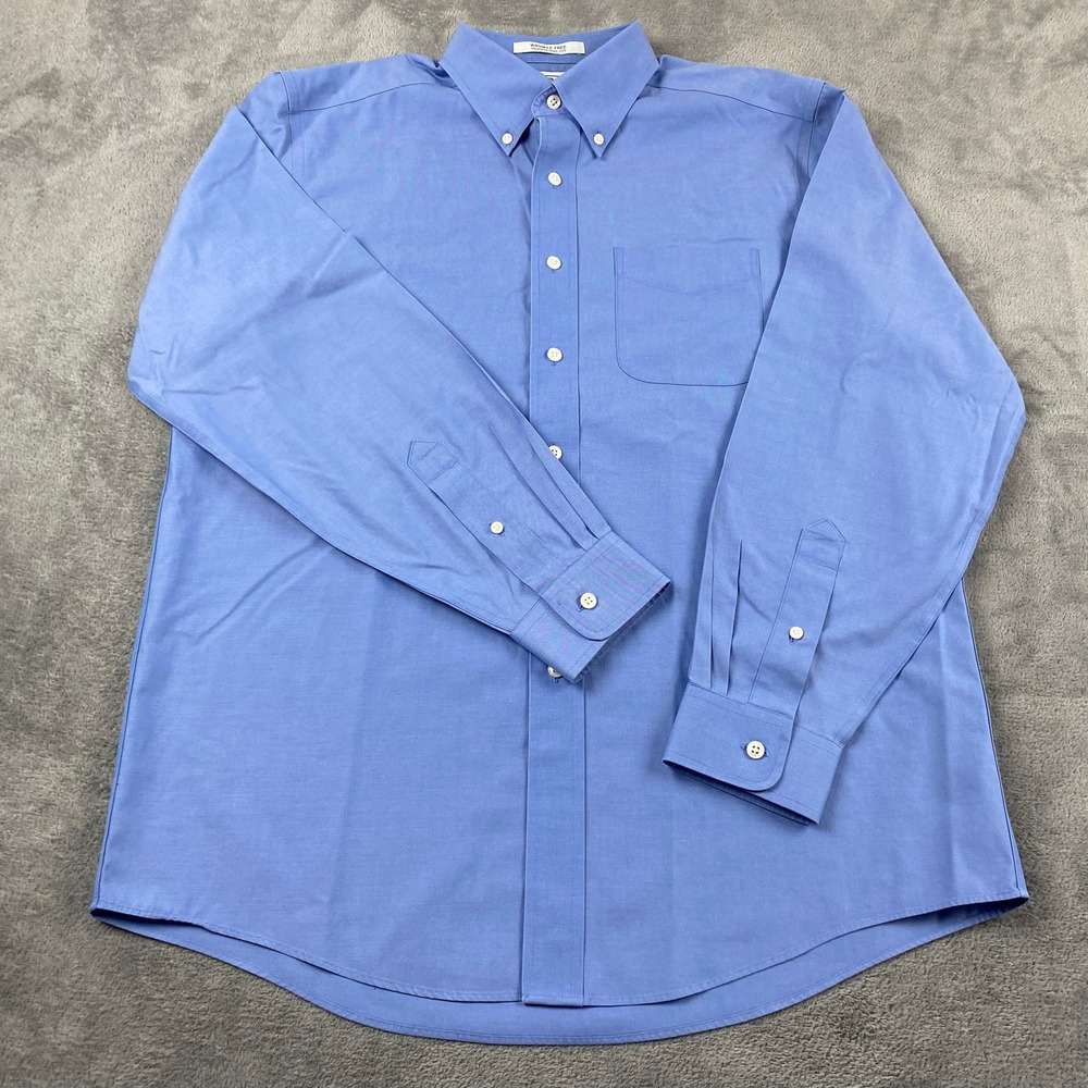 LL Bean Mens 15.5-34 Button Down Shirt Blue Wrinkle Free Traditional Fit